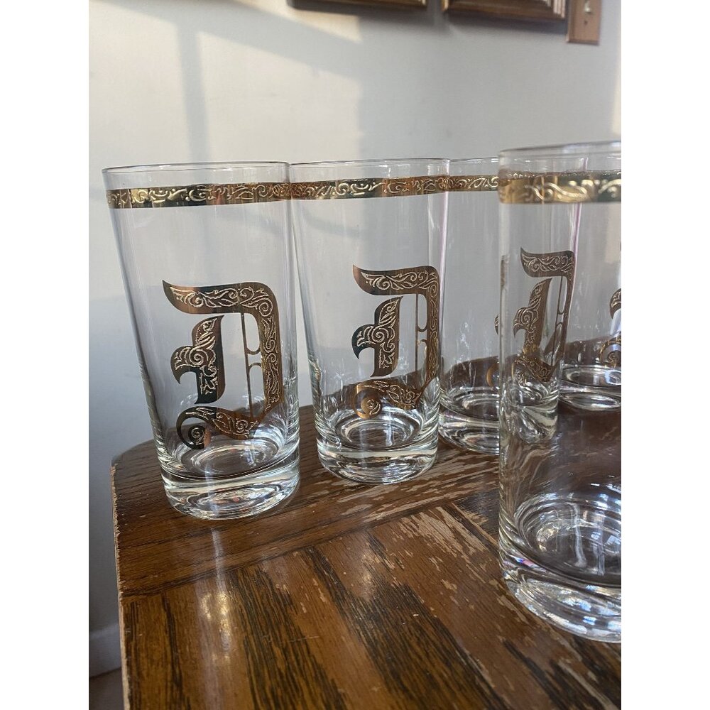 MCM Gold Gilt Monogrammed "D" Highball Glasses Set Of 8
